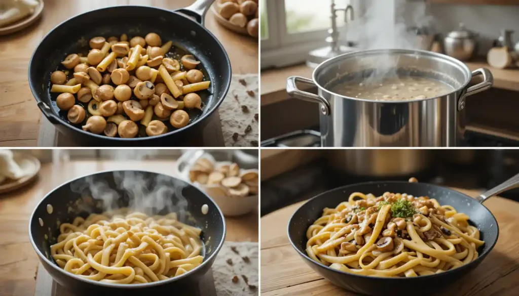 Hyper-realistic step-by-step cooking process of creamy mushroom rigatoni with pasta, mushrooms, and cream sauce