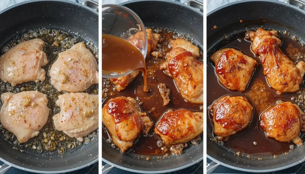  A sequence of images showing the step-by-step process of cooking teriyaki chicken. The first frame shows chicken thighs searing in a hot pan. The second frame shows the teriyaki sauce being poured over the chicken. The third frame shows the chicken simmering in the sauce until glazed and cooked through