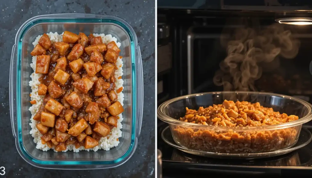 An image showing two clear glass containers. One container holds leftover teriyaki chicken and rice, ready for refrigeration. The second container shows the same dish being reheated in a microwave, with a small amount of steam visible, indicating warmth.