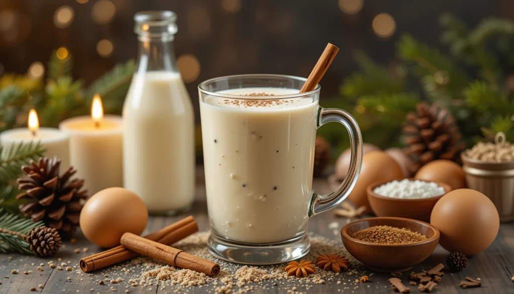 Stylish glass of classic eggnog with festive décor, cinnamon, nutmeg, and eggs, symbolizing comfort, wellness, and seasonal benefits.