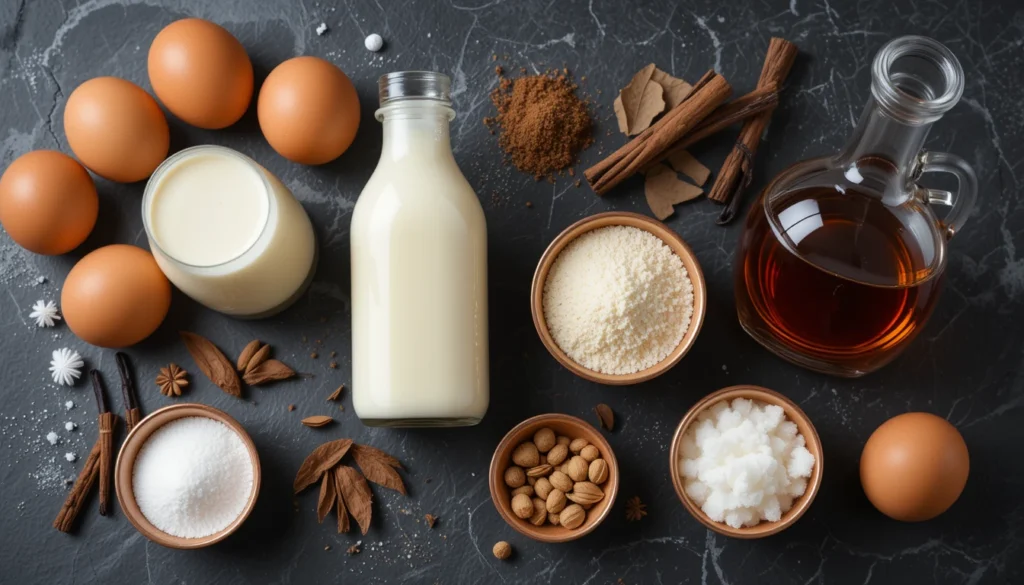 Stylish flat lay of classic eggnog ingredients including eggs, milk, cream, nutmeg, cinnamon, vanilla, and bourbon.
