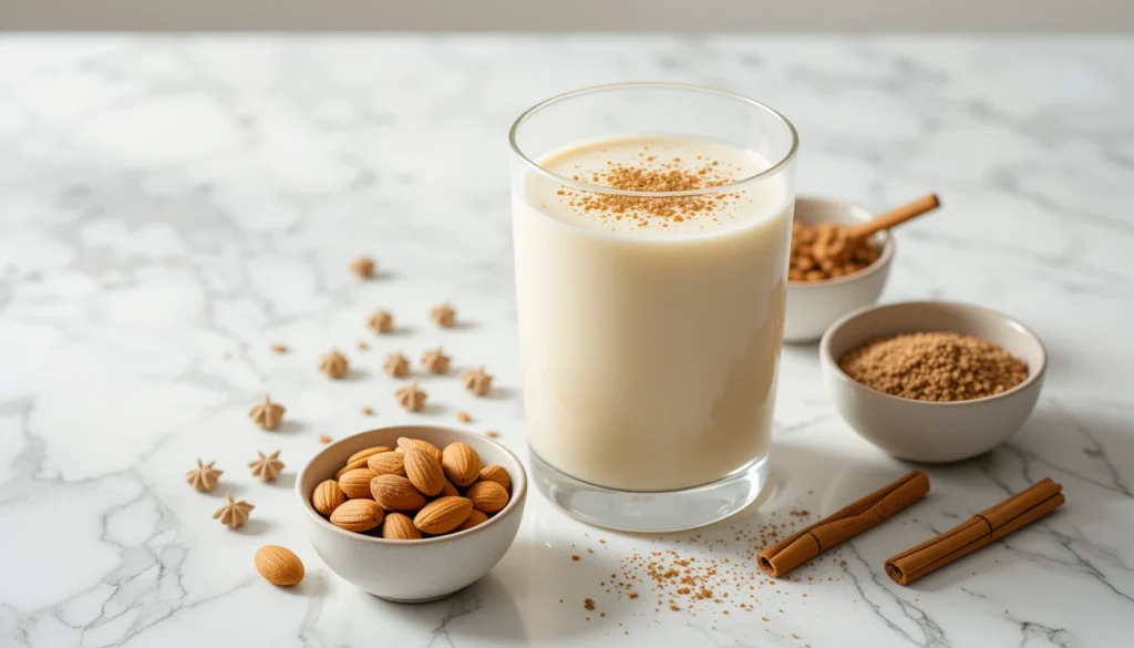 Classic Eggnog Homemade Recipe in a modern glass with almonds, nutmeg, and cinnamon nearby, highlighting nutrition and wholesome ingredients. 