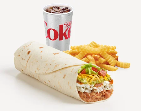 Del Taco Menu Prices | Secret Items, Vegetarian Picks & Combos 85 Del Taco Combo with 8 Layer Veggie Burrito, Crinkle Cut Fries, and a beverage