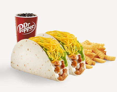 Del Taco Menu Prices | Secret Items, Vegetarian Picks & Combos 76 Del Taco Combo #5 with two Grilled Chicken Tacos, crinkle-cut fries, and a drink