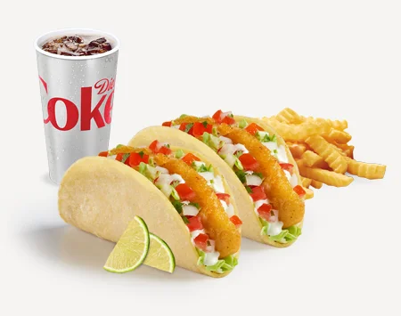 Del Taco Menu Prices | Secret Items, Vegetarian Picks & Combos 77 Del Taco Combo #7 with two Beer Battered Fish Tacos, crinkle-cut fries, and a drink
