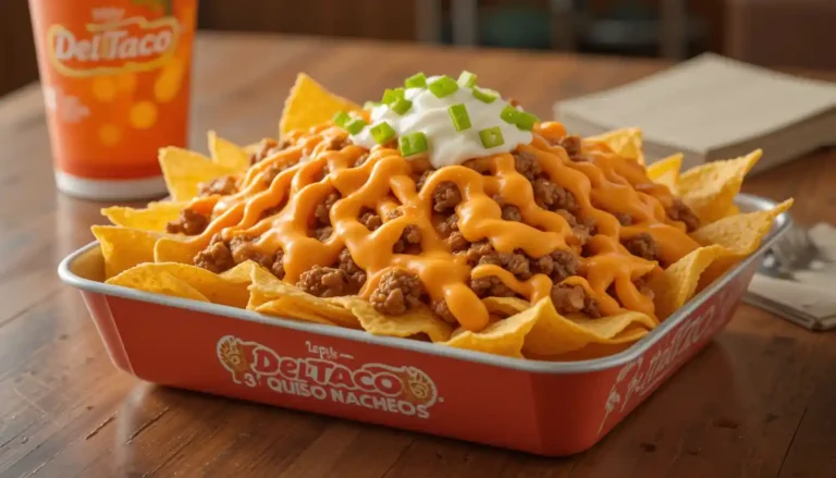 "Del Taco 3 Layer Queso Nachos with ground beef, queso blanco, and red sauce on crispy tortilla chips
