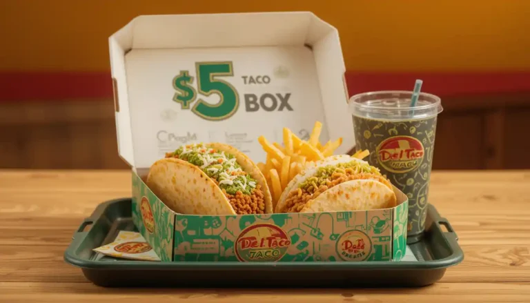Del Taco 5 Dollar Box featuring a taco, quesadilla snack taco, fries, and a drink neatly arranged in a branded box with $5 Box label and Del Taco logo.