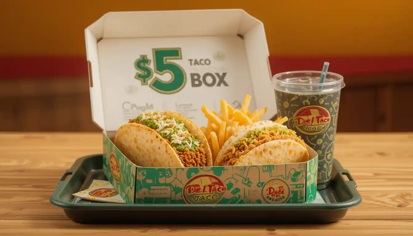 Del Taco 5 Dollar Box – Is $5 Clásico El Big Box Worth It? 1 Del Taco 5 Dollar Box featuring a taco, quesadilla snack taco, fries, and a drink neatly arranged in a branded box with $5 Box label and Del Taco logo.