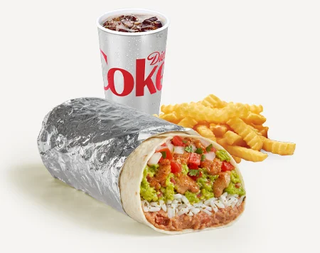 Del Taco Menu Prices | Secret Items, Vegetarian Picks & Combos 79 Del Taco Combo with Epic Grilled Chicken Fresh Guacamole Burrito, Crinkle Cut Fries, and a beverage