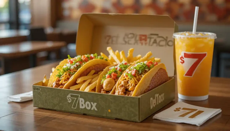 Del Taco 7 Dollar Box with two tacos, fries, and a medium drink in an open branded box, showcasing fresh ingredients and Del Taco logo in a casual setting