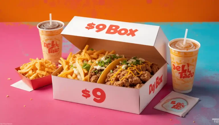Del Taco 9 Dollar Box featuring two tacos, fries, nachos with cheese, and a medium drink in an open branded box with Del Taco logo.