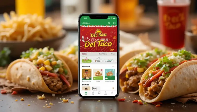 Del Taco app displayed on smartphone with tacos and burritos beside it, using official brand colors and logo.