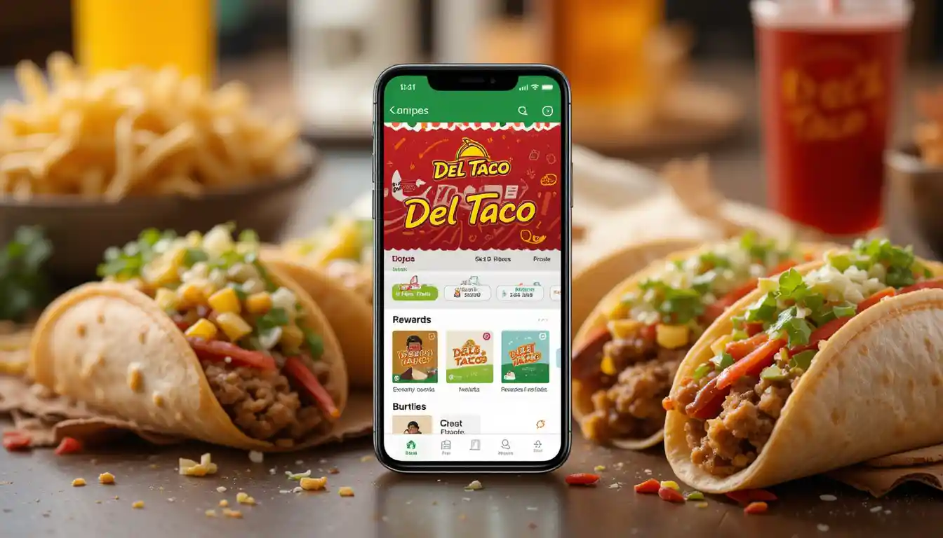 Del Taco App | Order, Earn Rewards & Get Exclusive Deals 1 Del Taco app displayed on smartphone with tacos and burritos beside it, using official brand colors and logo.