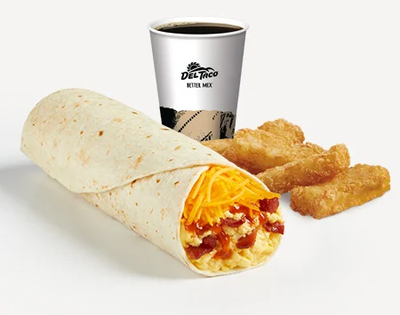 Del Taco Menu Prices | Secret Items, Vegetarian Picks & Combos 34 Del Taco #16 Meal with Bacon Breakfast Burrito, 5 pc. Hashbrown Sticks, and choice of drink