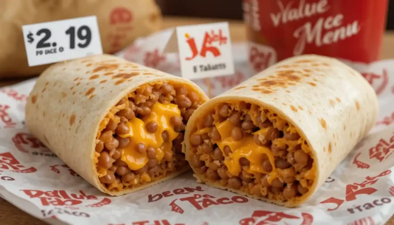 "Del Taco Bean and Cheese Burrito Price shown with a sliced burrito on branded paper, displaying the filling and cost in a casual fast-food setting with Del Taco logo.