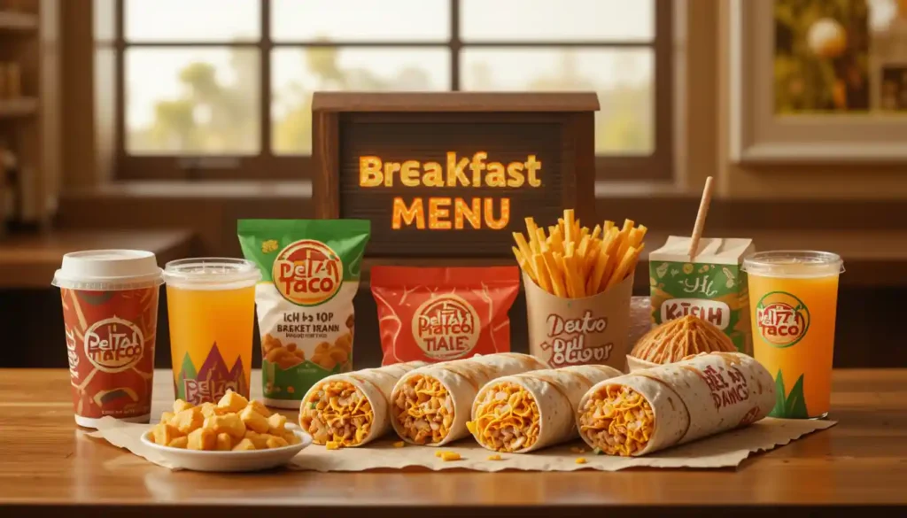 Del Taco Breakfast Menu items on table with branded packaging and visible Del Taco logo in a morning setting.