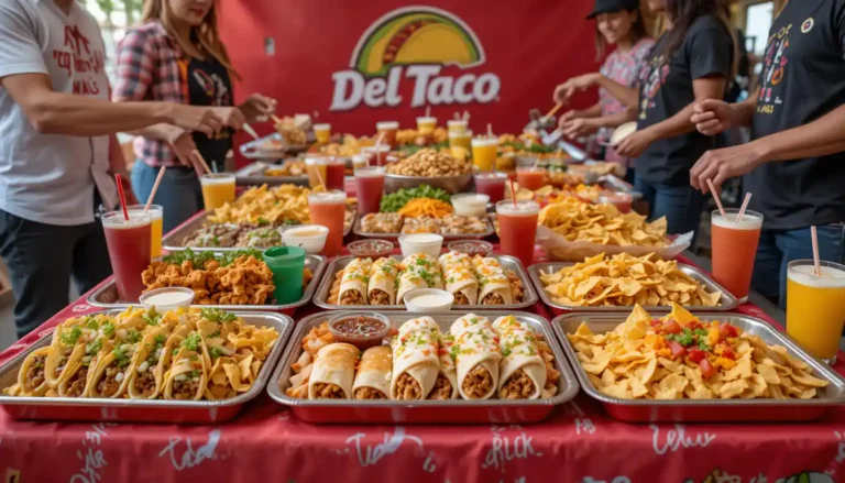 Front view of Del Taco catering table with trays of food and visible Del Taco logo and branding.