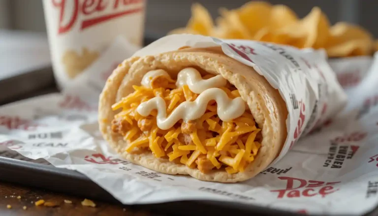 Del Taco Chicken Cheddar Roller with grilled chicken, cheddar cheese, and ranch sauce wrapped in a warm tortilla on branded wrapper