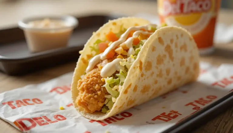 "Del Taco Crispy Chicken Taco with crunchy chicken strip, shredded lettuce, diced tomatoes, ranch sauce, and cheddar cheese in a soft tortilla