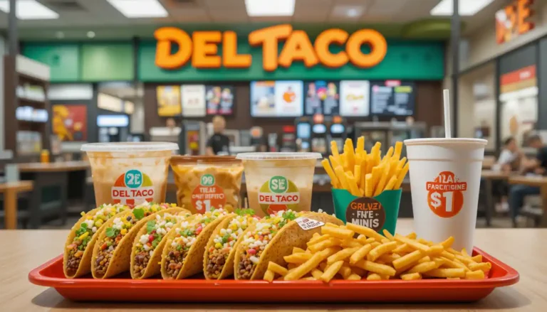 "Del Taco Dollar Menu items including mini tacos, burritos, fries, and a drink cup on a tray with $1 price tags and Del Taco branding in a bright fast-food setting.