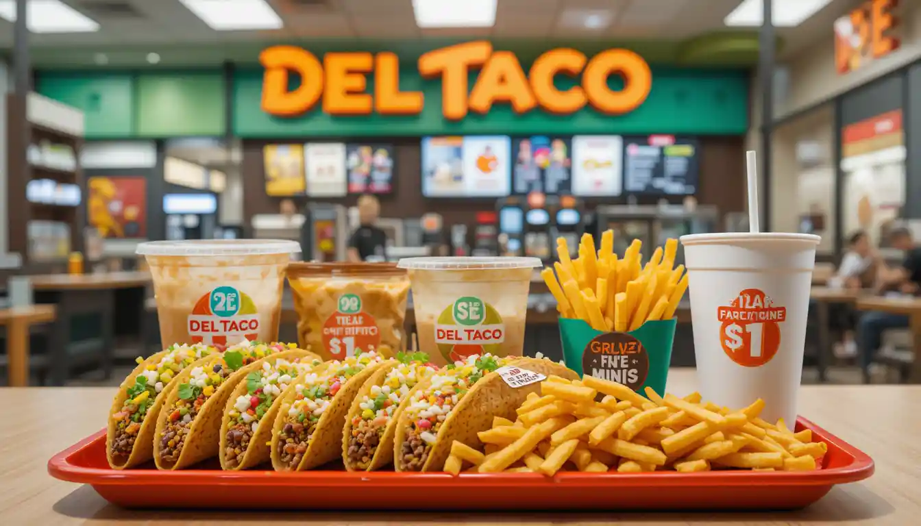 Del Taco Dollar Menu (2025) | Affordable Options for Big Cravings 1 "Del Taco Dollar Menu items including mini tacos, burritos, fries, and a drink cup on a tray with $1 price tags and Del Taco branding in a bright fast-food setting.