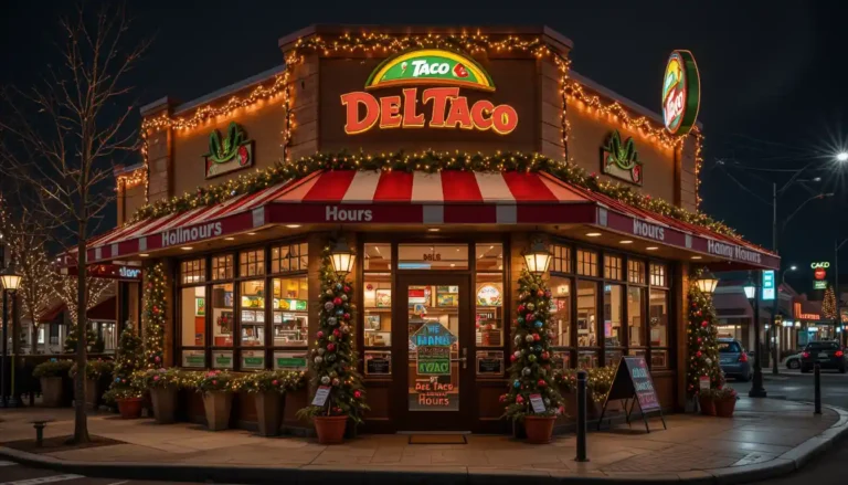 Del Taco storefront decorated for the holidays with a 'Holiday Hours' sign and official brand colors. Del Taco Holiday Hours Display