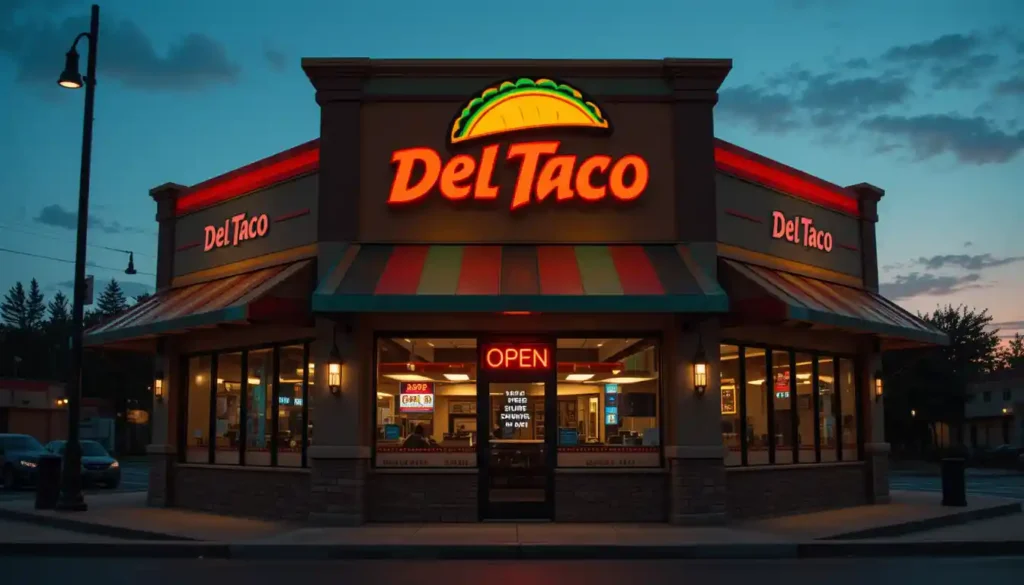 Del Taco storefront with visible business hours and glowing open sign, featuring official red, green, and yellow branding. Del Taco Hours