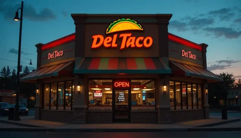 Del Taco storefront with visible business hours and glowing open sign, featuring official red, green, and yellow branding. Del Taco Hours