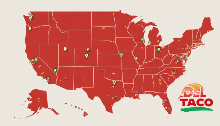 "Del Taco Locations map showing restaurant pins across the U.S., highlighting California, Nevada, and Arizona, with Del Taco branding and a store locator app preview."