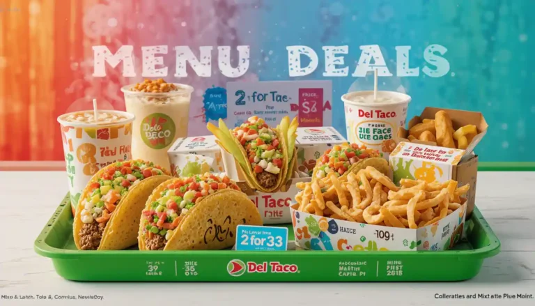 "Del Taco Menu Deals featuring discounted tacos, combo meals, and value boxes on a branded tray with Del Taco packaging and price tags in a bright restaurant setting.