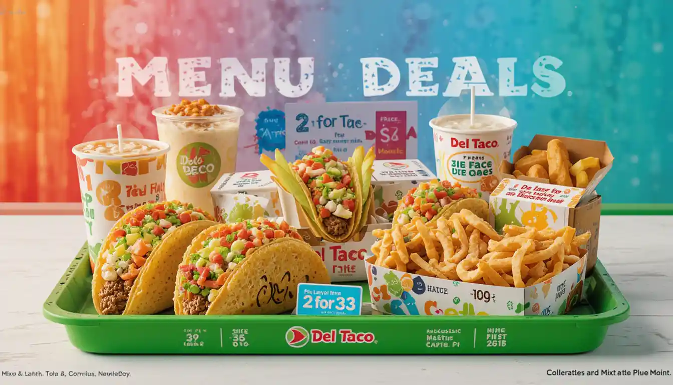 Del Taco Menu Deals (2025) | Real Value, Real Flavor 1 "Del Taco Menu Deals featuring discounted tacos, combo meals, and value boxes on a branded tray with Del Taco packaging and price tags in a bright restaurant setting.