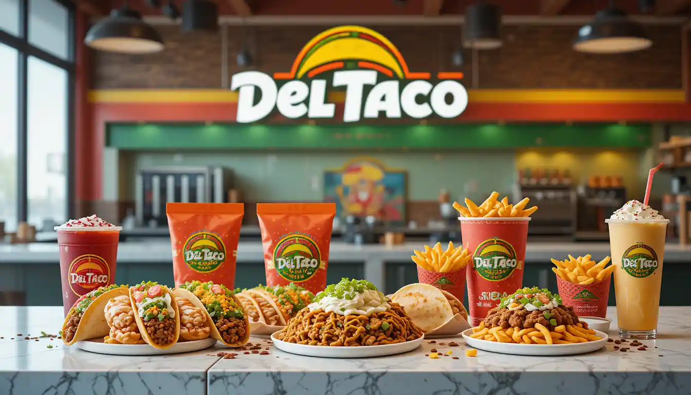 Del Taco Menu Prices | Secret Items, Vegetarian Picks & Combos 1 Front view of Del Taco menu items with logo and name, featuring tacos, burritos, fries, and official brand colors.