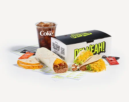 Del Taco $7 Mex Faves El Big Box meal with burrito, quesadilla, taco, fries, and drink