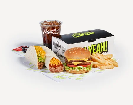 Del Taco $9 Ameri-Mex El Big Box featuring cheeseburger, quesadilla, fries, and drink