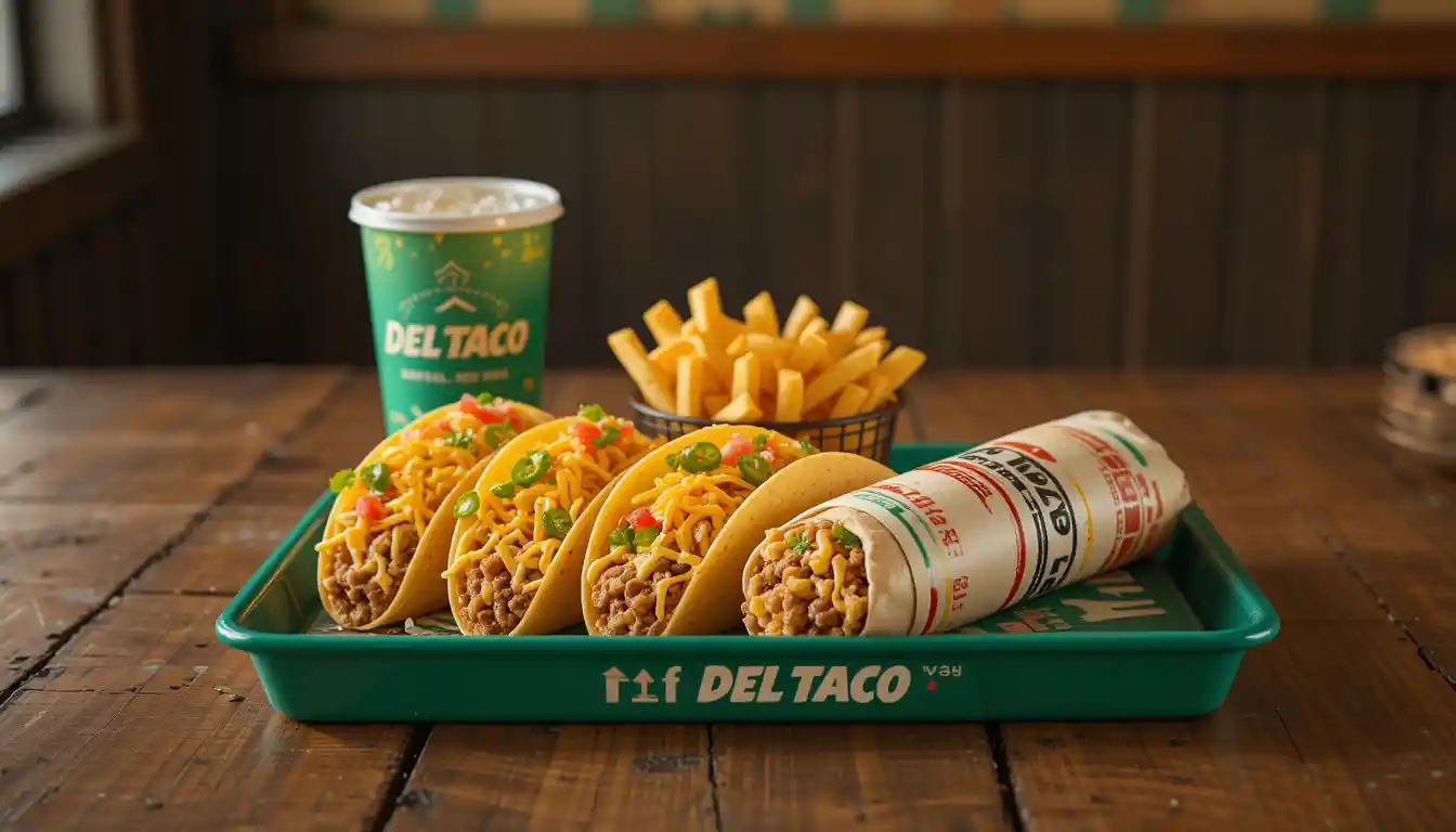 Del Taco New Items Prices, Calories & Ordering Tips 2025 1 "Del Taco new items featuring fresh tacos, loaded fries, and a burrito on a branded tray with a soft drink, presented on a wooden table with warm lighting and Del Taco branding in the background."