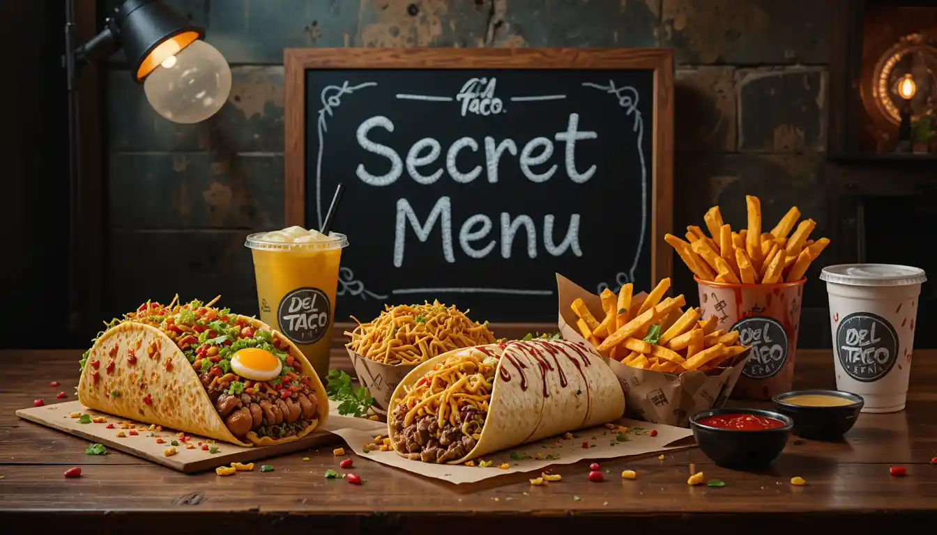 "Del Taco Secret Menu items including bun taco, stoner burrito, and go bold fries on a rustic table with moody lighting and a chalkboard sign in the background."