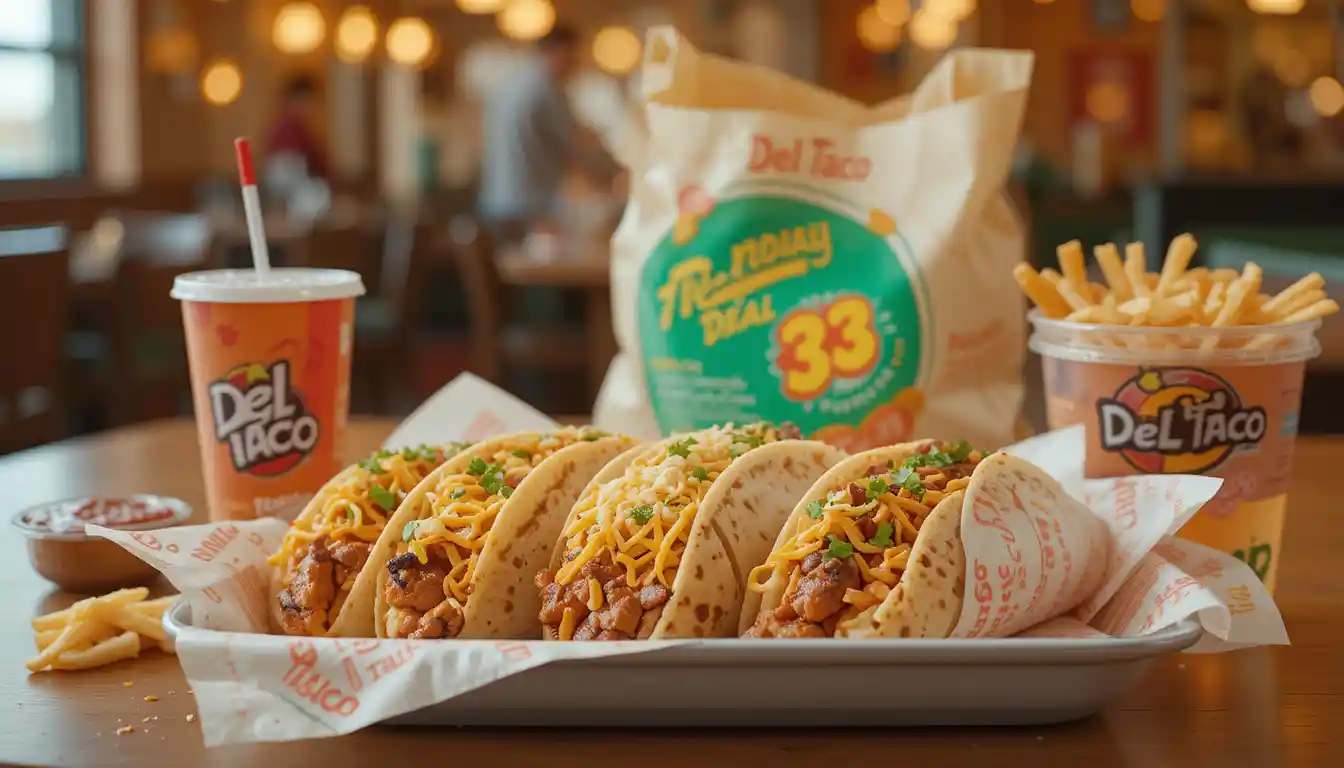 Del Taco Thursday Deal 2025 | Your Guide to Delicious Savings 1 "Del Taco Thursday Deal featuring grilled chicken tacos or burritos with a drink and price tag in a casual dine-in setting, highlighted with Del Taco branding.