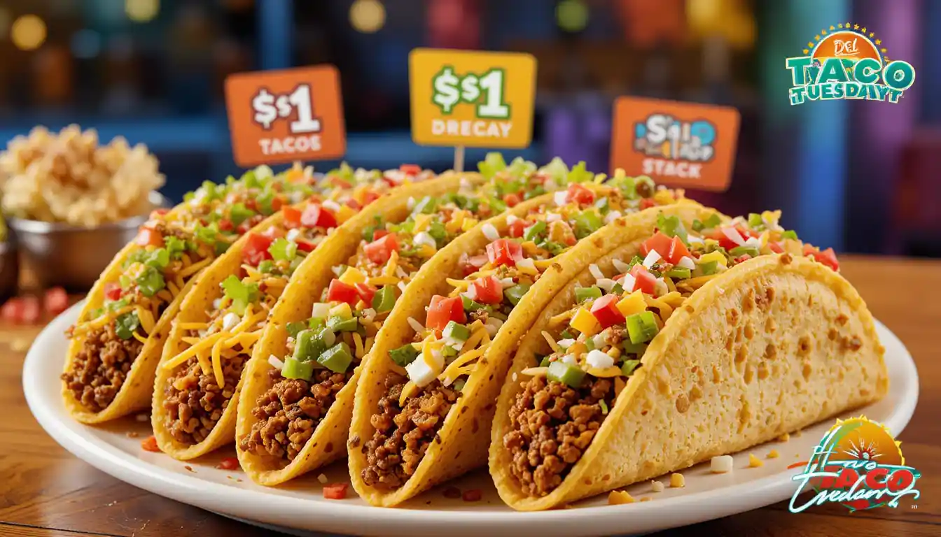 "Del Taco Tuesday Deal with $1 tacos on a plate featuring beef, chicken, and crunchy varieties, with vibrant toppings, Del Taco branding, and Taco Tuesday special offer.