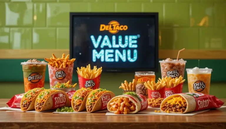 Del Taco Value Menu items on a table with visible logo, branded packaging, and value-focused presentation.