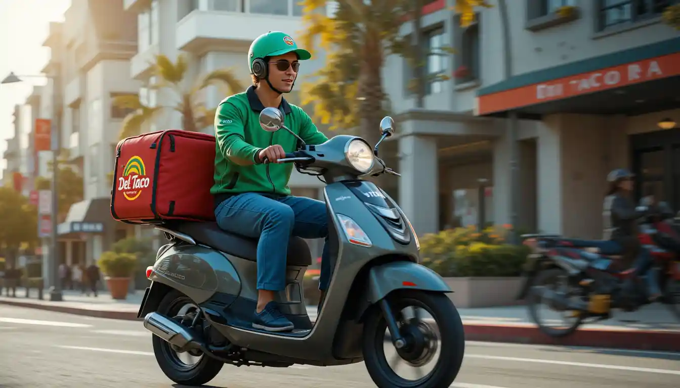 Del Taco delivery driver with branded bag and scooter, delivering tacos in a city setting using official brand colors.