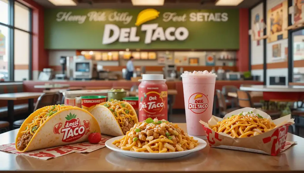 del taco best items on table with branded packaging and del taco logo in restaurant background