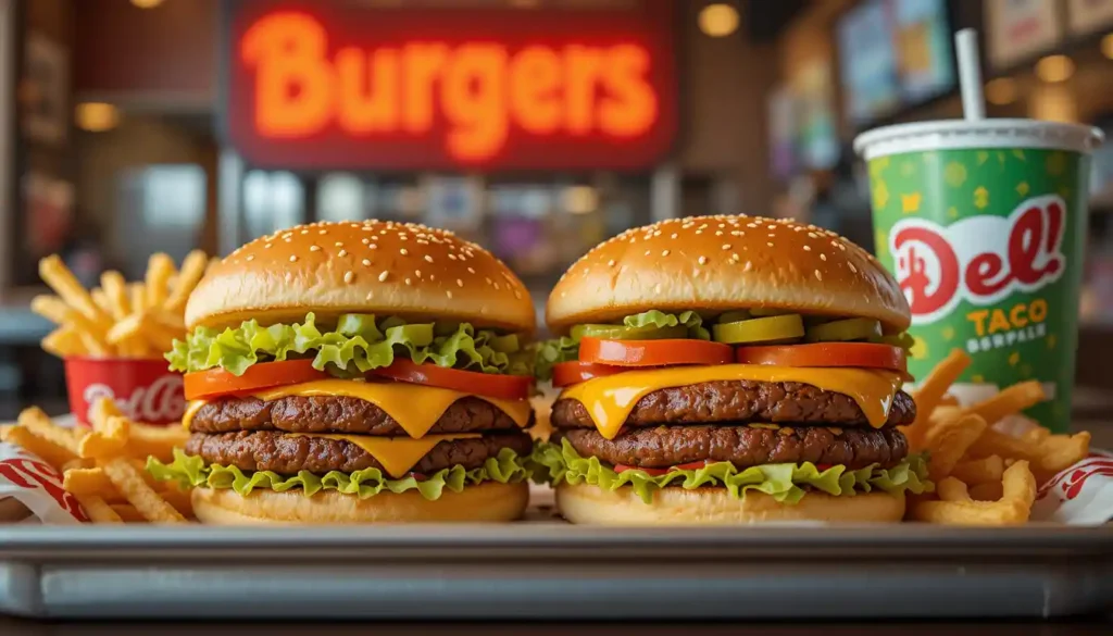 "Del Taco Burgers featuring Double Del and Classic Cheeseburgers with fries and drink in branded packaging and visible Del Taco logo"