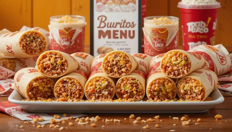 "Del Taco Burritos Menu featuring beef, chicken, and breakfast burritos with melted cheese and sauces, served in branded packaging with visible Del Taco logo"