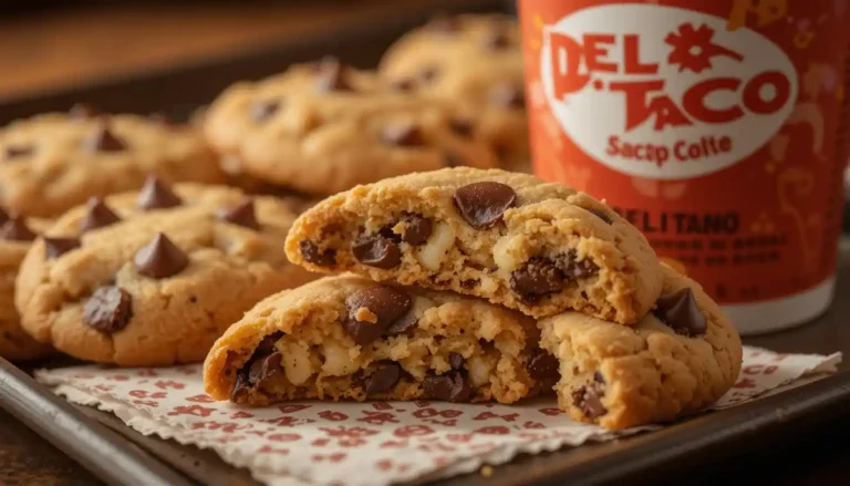 "Del Taco cookies with melted chocolate chips served warm on tray with visible Del Taco logo on cup or packaging"