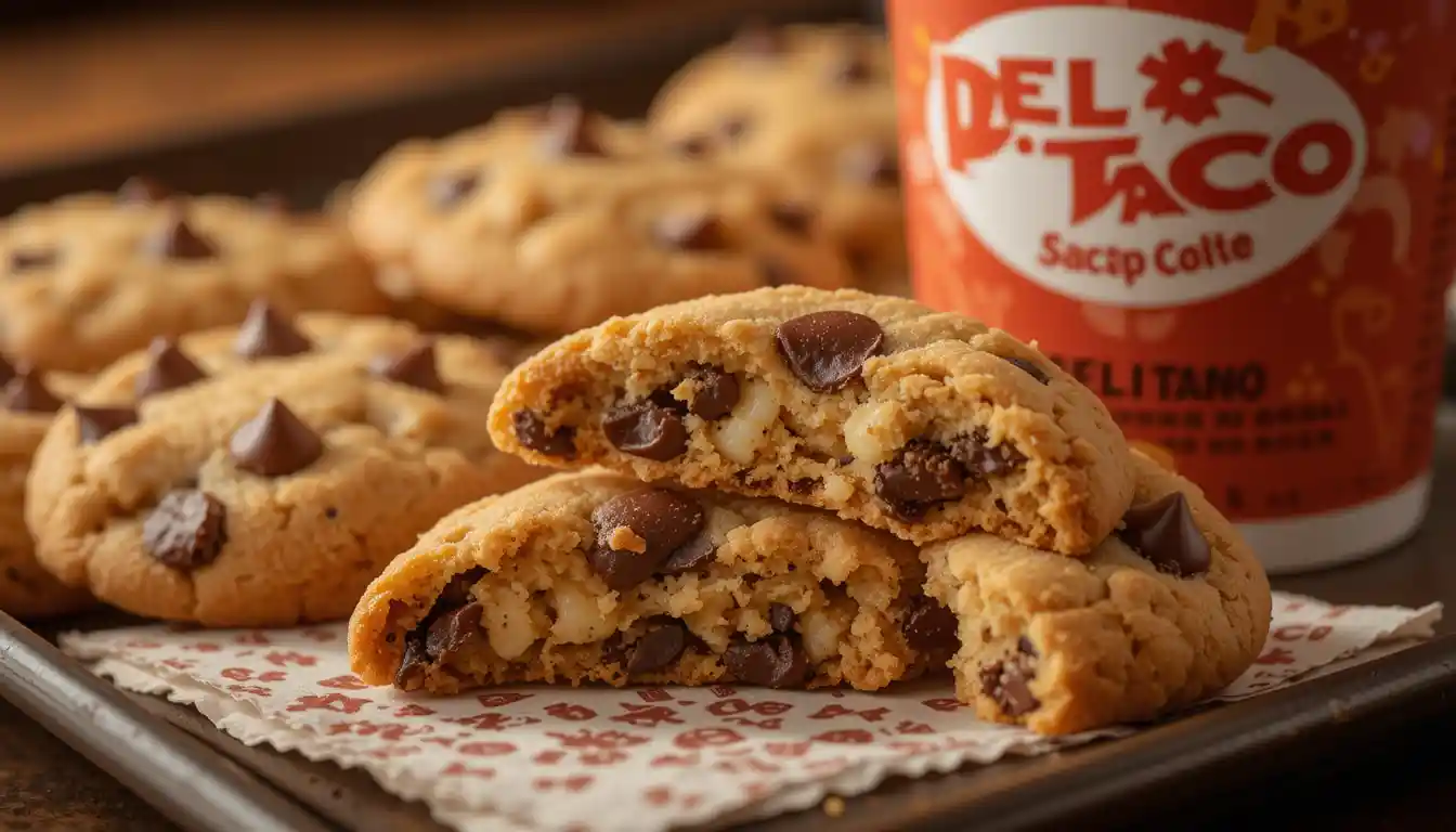 "Del Taco cookies with melted chocolate chips served warm on tray with visible Del Taco logo on cup or packaging"