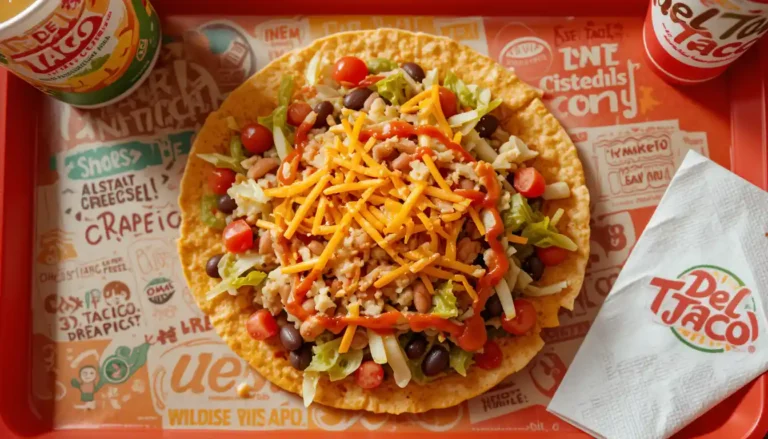 "Del Taco Crunchtada Tostada topped with beans, lettuce, tomato, and cheese on crispy shell with visible Del Taco logo on packaging"