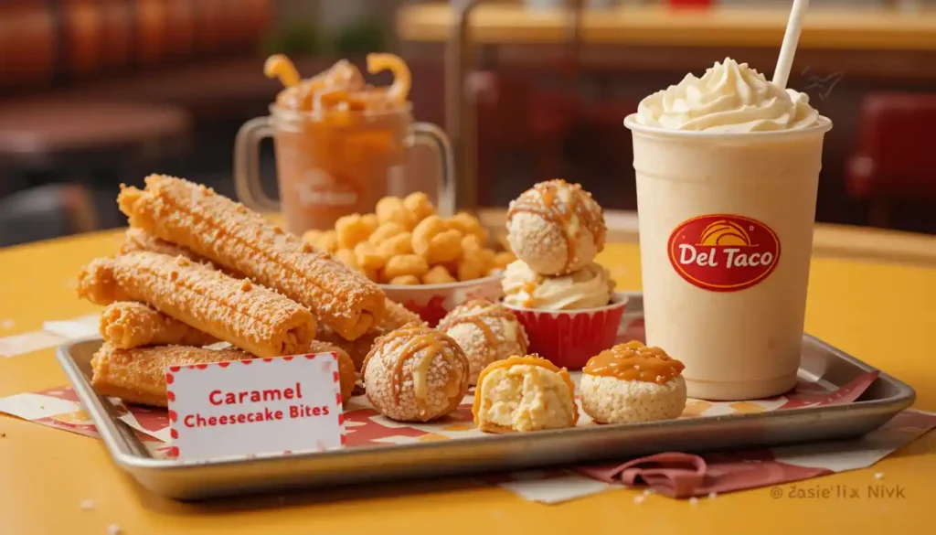 "Del Taco dessert menu featuring churros, cheesecake bites, and vanilla shake in branded packaging with visible Del Taco logo"