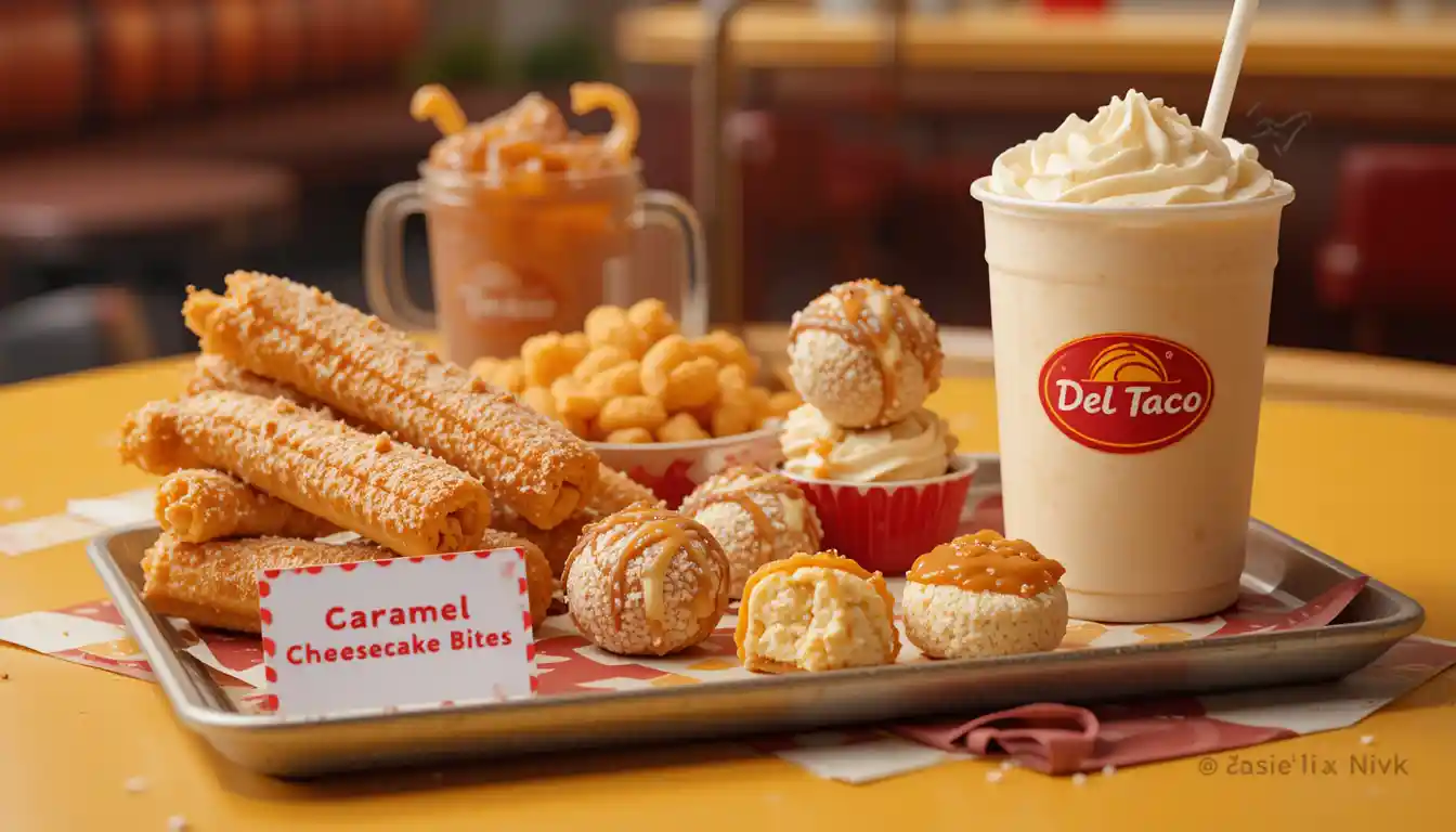 Del Taco Dessert Menu 2025 | Churros, Shakes & Prices 1 "Del Taco dessert menu featuring churros, cheesecake bites, and vanilla shake in branded packaging with visible Del Taco logo"