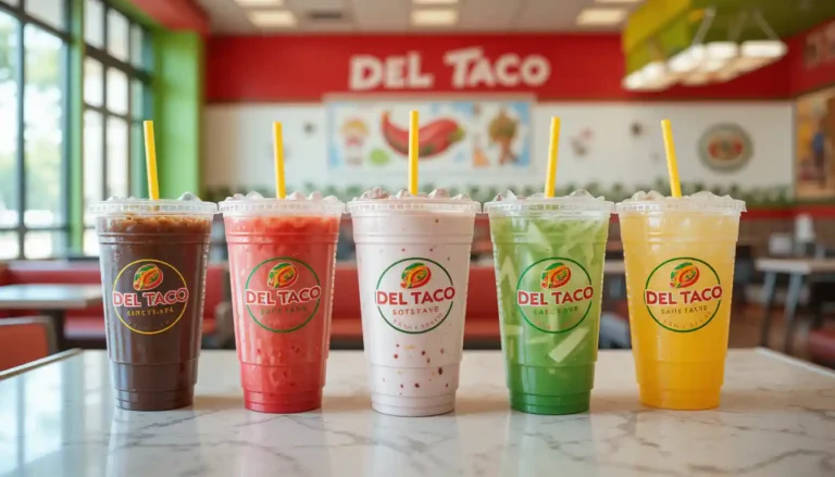 Del Taco Drinks Menu with 6 branded beverages on table and del taco logo in restaurant background