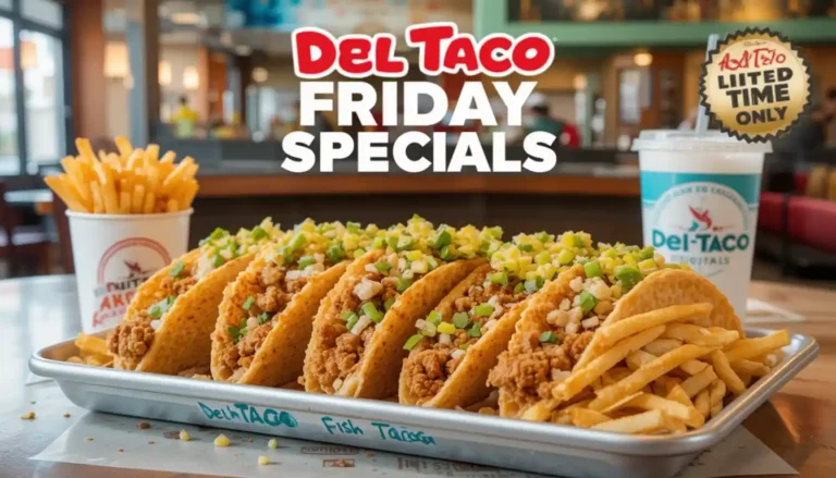 Del Taco Friday specials with fish tacos and drinks served in a Del Taco restaurant, featuring special pricing and the Del Taco logo in the background.